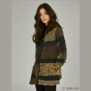 Leopard Print Long Coat with Black Accents